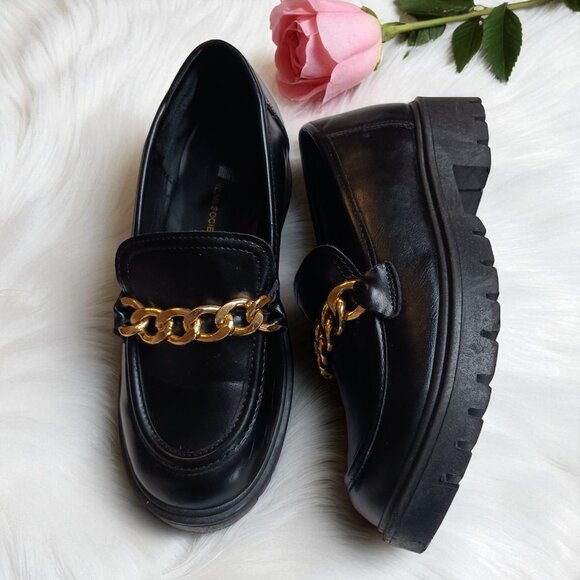 Streetwear Society Black Chunky Loafers Gold Chain Slip-On Lug  Heels Size 7 - Picture 1 of 12